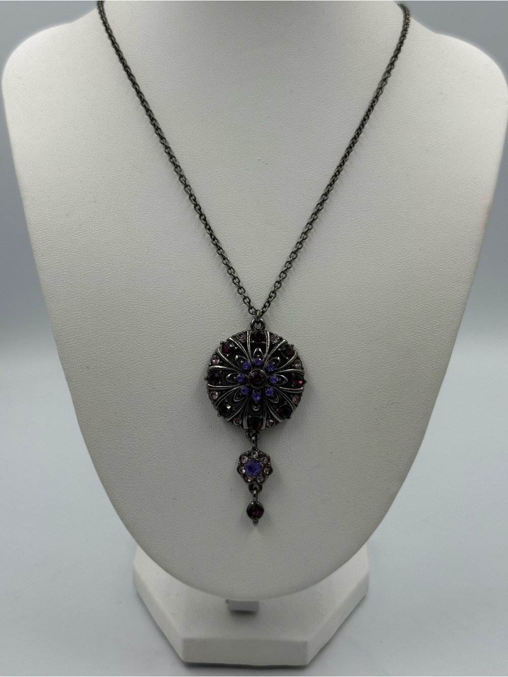 Silver Tone Medallion Necklace With Purple Stones Floral Casual Fairy Charm